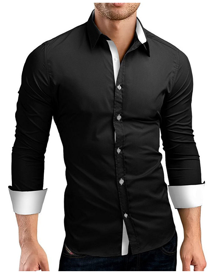 Business Men's Long-sleeved Shirt, Slim Fit, Colorful Buttons, Lapel, Mens