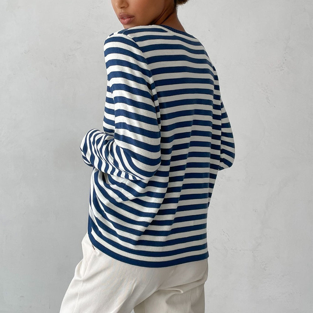 New Knitted Striped Long Sleeved Sweater Versatile Pullover Tops Womens Clothing