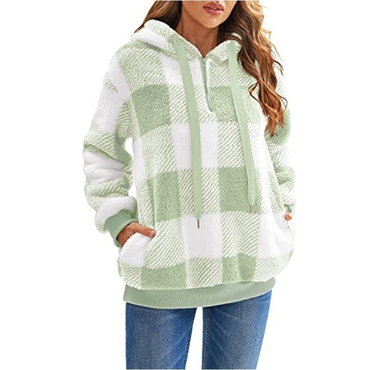 Fashion Plaid Hooded Sweatshirt With Pockets Casual Zipper Plush Tops For Womens Clothing