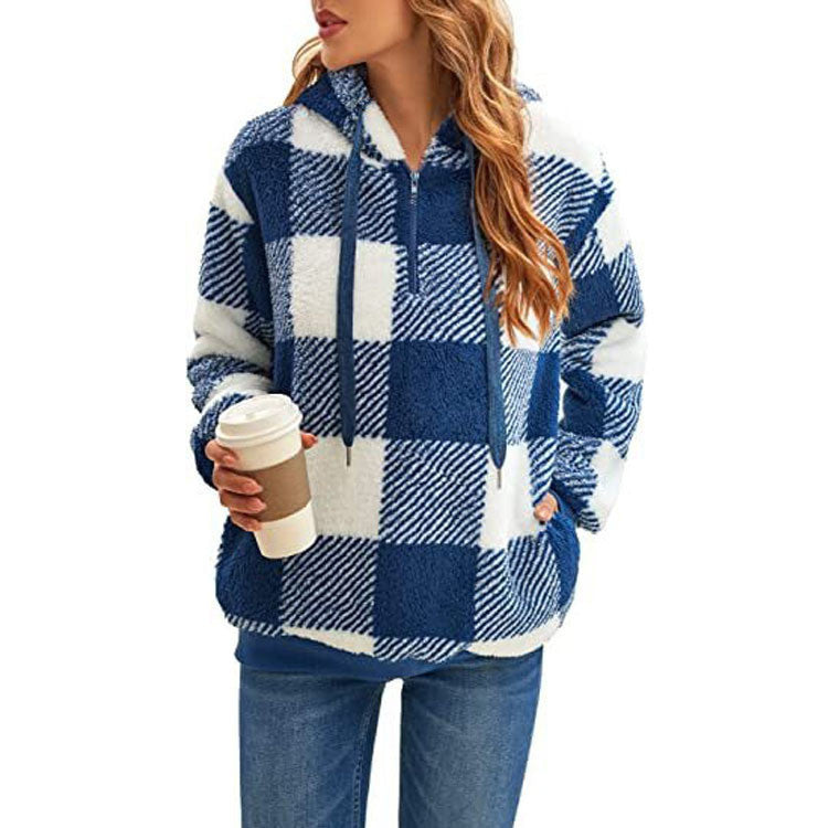 Fashion Plaid Hooded Sweatshirt With Pockets Casual Zipper Plush Tops For Womens Clothing