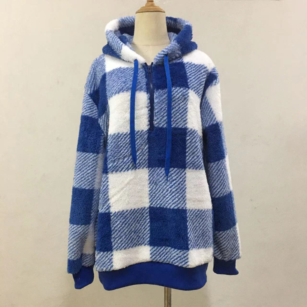 Fashion Plaid Hooded Sweatshirt With Pockets Casual Zipper Plush Tops For Womens Clothing