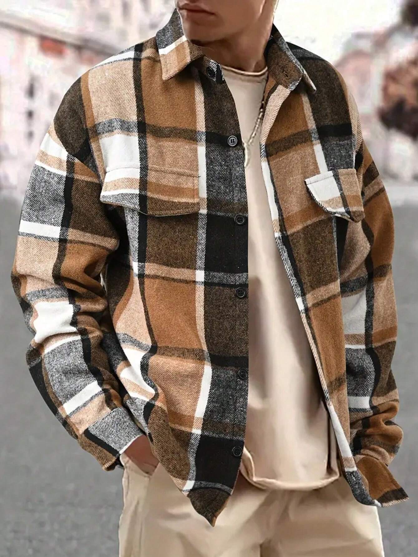 FallWinter Slim Brushed Plaid Long Sleeve Flannel Shirt Men