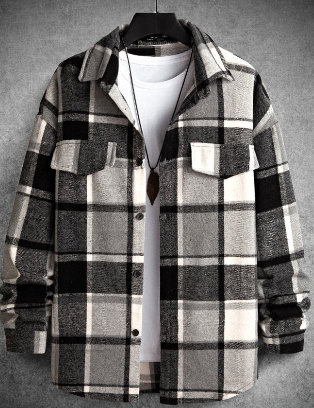 FallWinter Slim Brushed Plaid Long Sleeve Flannel Shirt Men