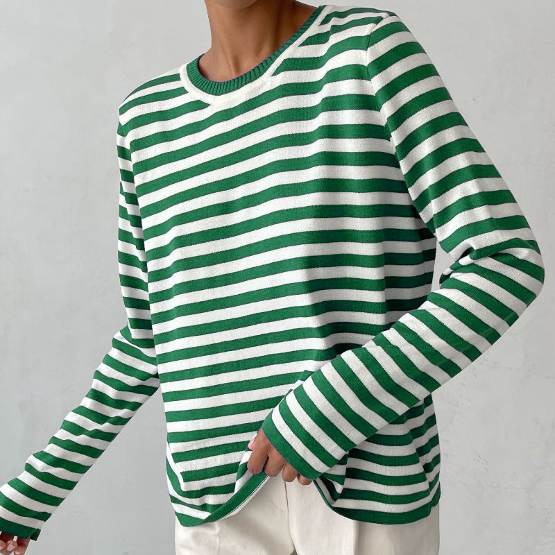 New Knitted Striped Long Sleeved Sweater Versatile Pullover Tops Womens Clothing