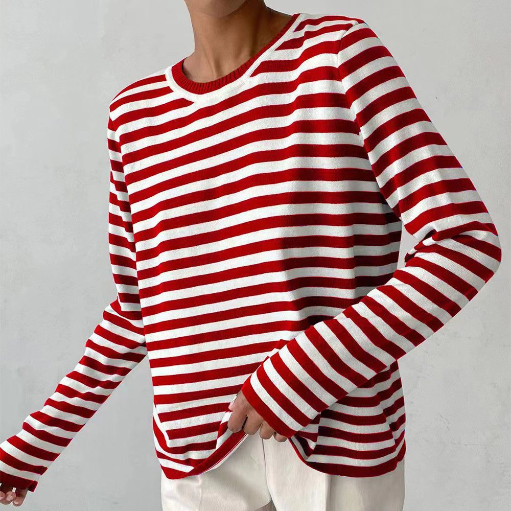 New Knitted Striped Long Sleeved Sweater Versatile Pullover Tops Womens Clothing